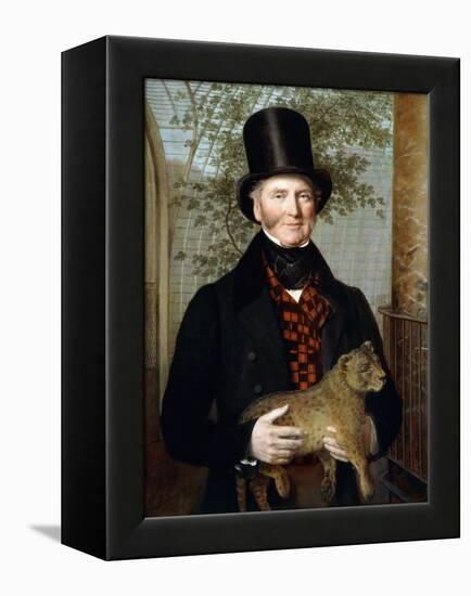 Portrait of Edward Cross, Half-Length, in a Black Coat and Red-Check Waistcoat Holding a Lion Cub-Jacques-Laurent Agasse-Framed Premier Image Canvas