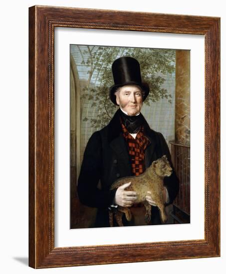 Portrait of Edward Cross, Half-Length, in a Black Coat and Red-Check Waistcoat Holding a Lion Cub-Jacques-Laurent Agasse-Framed Giclee Print