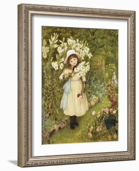 Portrait of Effie Holding a Lily and a Posy of Roses in a Garden, 1876-Marie Spartali Stillman-Framed Giclee Print