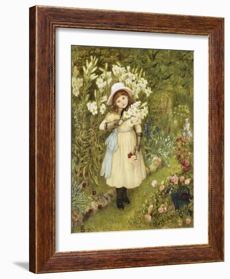 Portrait of Effie Holding a Lily and a Posy of Roses in a Garden, 1876-Marie Spartali Stillman-Framed Giclee Print