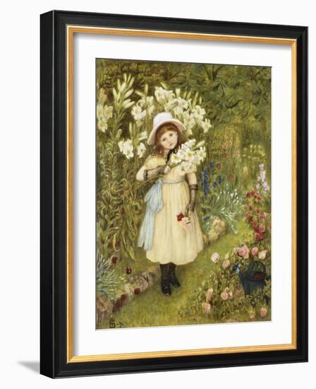 Portrait of Effie Holding a Lily and a Posy of Roses in a Garden, 1876-Marie Spartali Stillman-Framed Giclee Print