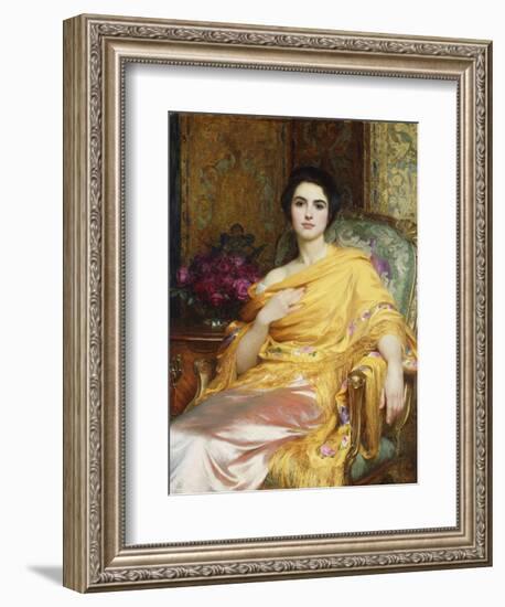 Portrait of Elsa, Daughter of William Hall, seated wearing a Pink Dress and Yellow Wrap-Frank Bernard Dicksee-Framed Giclee Print