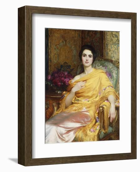 Portrait of Elsa, Daughter of William Hall, seated wearing a Pink Dress and Yellow Wrap-Frank Bernard Dicksee-Framed Giclee Print