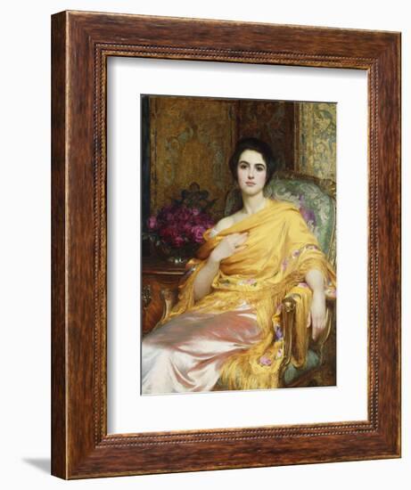 Portrait of Elsa, Daughter of William Hall, seated wearing a Pink Dress and Yellow Wrap-Frank Bernard Dicksee-Framed Giclee Print