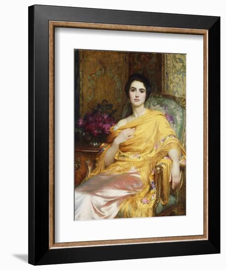 Portrait of Elsa, Daughter of William Hall, seated wearing a Pink Dress and Yellow Wrap-Frank Bernard Dicksee-Framed Giclee Print