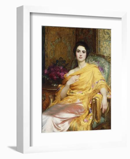 Portrait of Elsa, Daughter of William Hall, seated wearing a Pink Dress and Yellow Wrap-Frank Bernard Dicksee-Framed Giclee Print