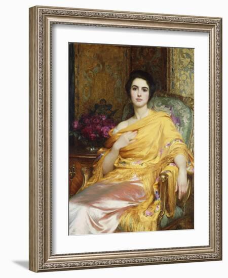 Portrait of Elsa, Daughter of William Hall, seated wearing a Pink Dress and Yellow Wrap-Frank Bernard Dicksee-Framed Giclee Print