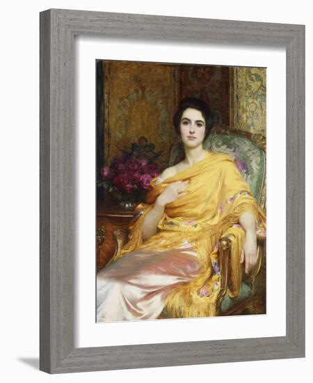 Portrait of Elsa, Daughter of William Hall, seated wearing a Pink Dress and Yellow Wrap-Frank Bernard Dicksee-Framed Giclee Print