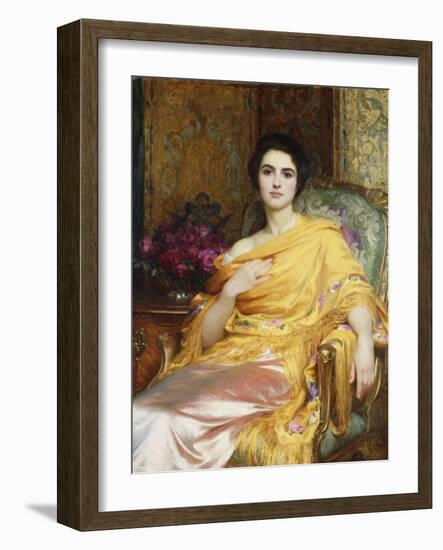 Portrait of Elsa, Daughter of William Hall, seated wearing a Pink Dress and Yellow Wrap-Frank Bernard Dicksee-Framed Giclee Print