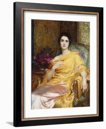 Portrait of Elsa, Daughter of William Hall, seated wearing a Pink Dress and Yellow Wrap-Frank Bernard Dicksee-Framed Giclee Print