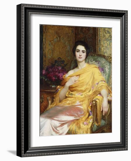 Portrait of Elsa, Daughter of William Hall, seated wearing a Pink Dress and Yellow Wrap-Frank Bernard Dicksee-Framed Giclee Print