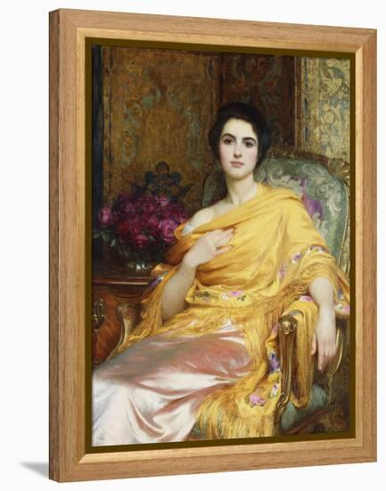 Portrait of Elsa, Daughter of William Hall, seated wearing a Pink Dress and Yellow Wrap-Frank Bernard Dicksee-Framed Premier Image Canvas