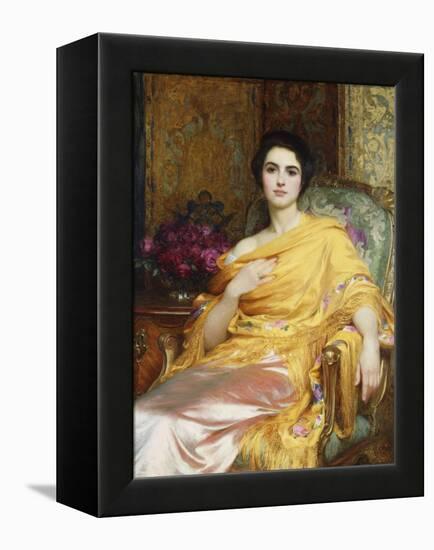 Portrait of Elsa, Daughter of William Hall, seated wearing a Pink Dress and Yellow Wrap-Frank Bernard Dicksee-Framed Premier Image Canvas