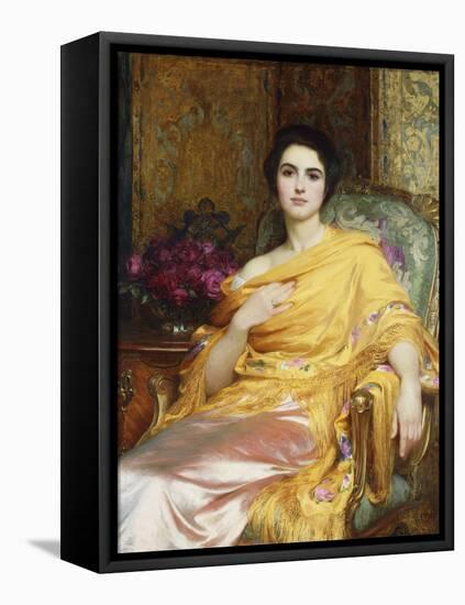 Portrait of Elsa, Daughter of William Hall, seated wearing a Pink Dress and Yellow Wrap-Frank Bernard Dicksee-Framed Premier Image Canvas