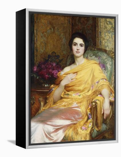 Portrait of Elsa, Daughter of William Hall, seated wearing a Pink Dress and Yellow Wrap-Frank Bernard Dicksee-Framed Premier Image Canvas