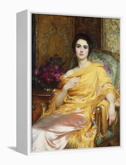 Portrait of Elsa, Daughter of William Hall, seated wearing a Pink Dress and Yellow Wrap-Frank Bernard Dicksee-Framed Premier Image Canvas