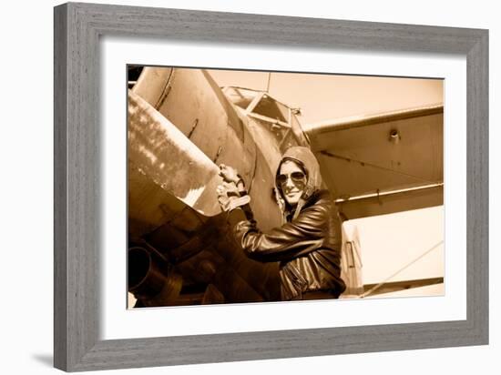 Portrait of Female Pilot  with Plane Propeller. Retro Photos.-Aleksandar Todorovic-Framed Art Print