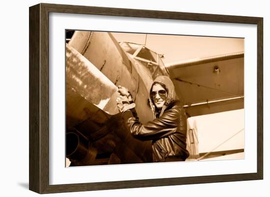 Portrait of Female Pilot  with Plane Propeller. Retro Photos.-Aleksandar Todorovic-Framed Art Print