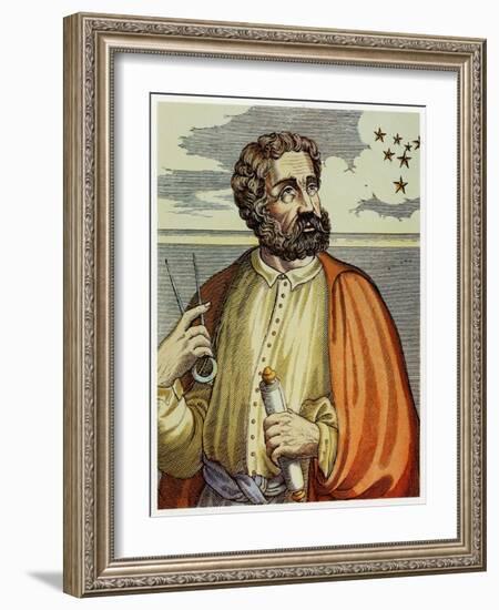 Portrait of Ferdinand Magellan (1480 - 1521) with Navigational Instruments. (Colour Litho.)-Andre Thevet-Framed Giclee Print