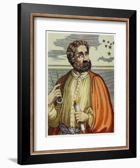 Portrait of Ferdinand Magellan (1480 - 1521) with Navigational Instruments. (Colour Litho.)-Andre Thevet-Framed Giclee Print