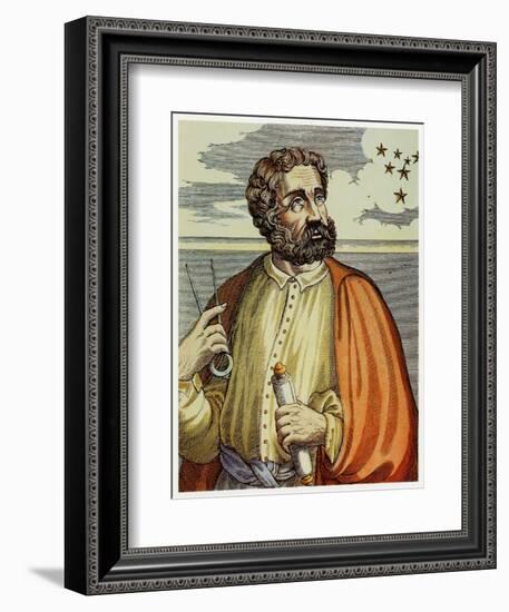 Portrait of Ferdinand Magellan (1480 - 1521) with Navigational Instruments. (Colour Litho.)-Andre Thevet-Framed Giclee Print