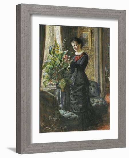 Portrait of Fru Lisen Samson, Nee Hirsch, Arranging Flowers at a Window, 1881-Anders Leonard Zorn-Framed Giclee Print