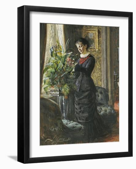 Portrait of Fru Lisen Samson, Nee Hirsch, Arranging Flowers at a Window, 1881-Anders Leonard Zorn-Framed Giclee Print