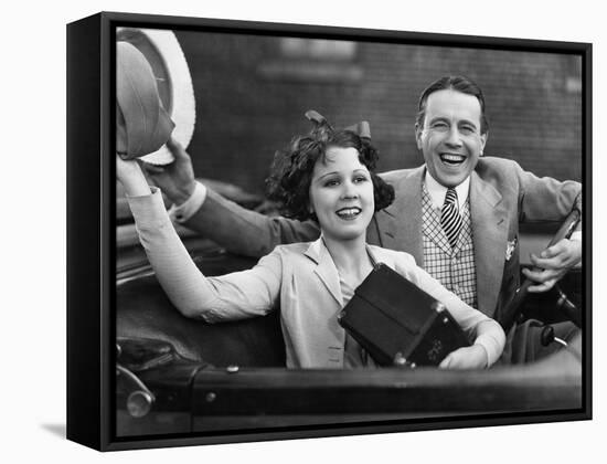 Portrait of Happy Couple Waving in Car-null-Framed Stretched Canvas