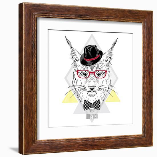 Portrait of Hipster Lynx in a Geometric Frame-Olga_Angelloz-Framed Art Print