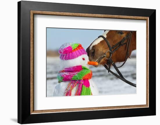 Portrait of Horse and Snowman in Winter Landscape.-PH.OK-Framed Photographic Print