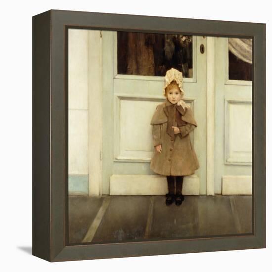 Portrait of Jeanne Kefer, at a Door Wearing a Pink Bonnet and Grey Coat-Fernand Khnopff-Framed Premier Image Canvas