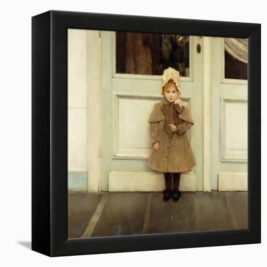 Portrait of Jeanne Kefer, at a Door Wearing a Pink Bonnet and Grey Coat-Fernand Khnopff-Framed Premier Image Canvas