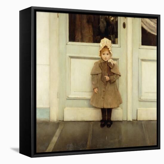 Portrait of Jeanne Kefer, at a Door Wearing a Pink Bonnet and Grey Coat-Fernand Khnopff-Framed Premier Image Canvas