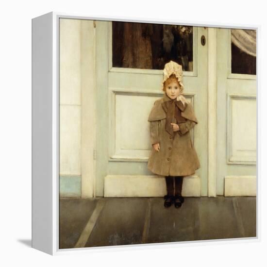 Portrait of Jeanne Kefer, at a Door Wearing a Pink Bonnet and Grey Coat-Fernand Khnopff-Framed Premier Image Canvas