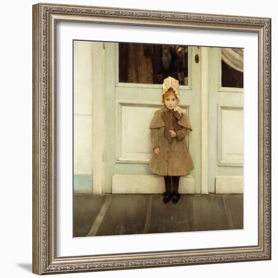 Portrait of Jeanne Kefer, at a Door Wearing a Pink Bonnet and Grey Coat-Fernand Khnopff-Framed Giclee Print