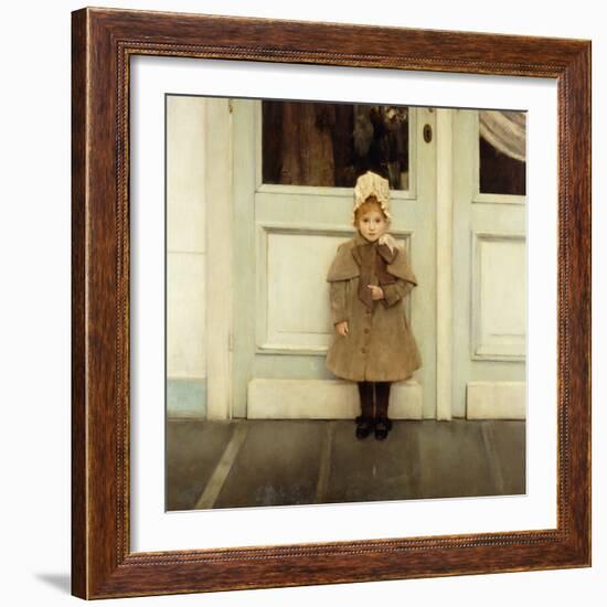 Portrait of Jeanne Kefer, at a Door Wearing a Pink Bonnet and Grey Coat-Fernand Khnopff-Framed Giclee Print