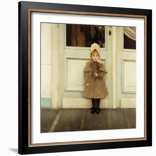 Portrait of Jeanne Kefer, at a Door Wearing a Pink Bonnet and Grey Coat-Fernand Khnopff-Framed Giclee Print