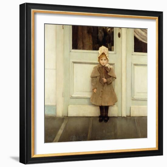 Portrait of Jeanne Kefer, at a Door Wearing a Pink Bonnet and Grey Coat-Fernand Khnopff-Framed Giclee Print