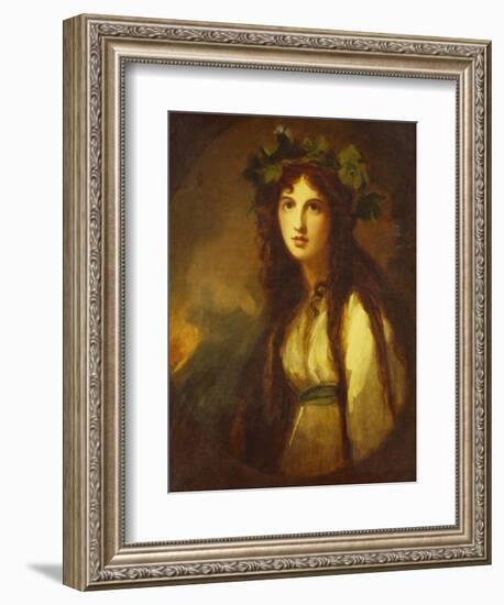 Portrait of Lady Hamilton as a Bacchante, Half Length, in a White Dress with a Blue Sash and a…-George Romney-Framed Giclee Print