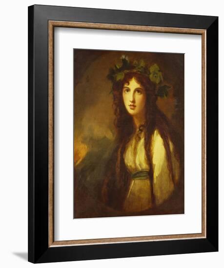 Portrait of Lady Hamilton as a Bacchante, Half Length, in a White Dress with a Blue Sash and a…-George Romney-Framed Giclee Print