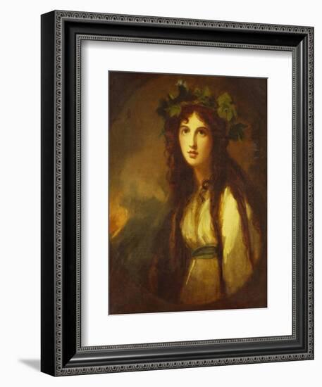 Portrait of Lady Hamilton as a Bacchante, Half Length, in a White Dress with a Blue Sash and a…-George Romney-Framed Giclee Print