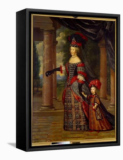 Portrait of Marie Therese of Austria, Queen of France (1638 - 1683) and the Great Dolphin. Painting-Pierre Mignard-Framed Premier Image Canvas