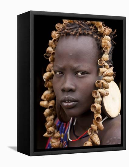 Portrait of Mursi Girl, Omo Valley, Ethiopia-Peter Adams-Framed Premier Image Canvas