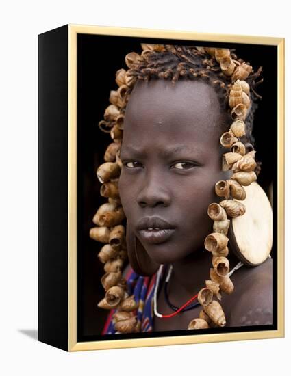 Portrait of Mursi Girl, Omo Valley, Ethiopia-Peter Adams-Framed Premier Image Canvas