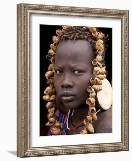 Portrait of Mursi Girl, Omo Valley, Ethiopia-Peter Adams-Framed Photographic Print