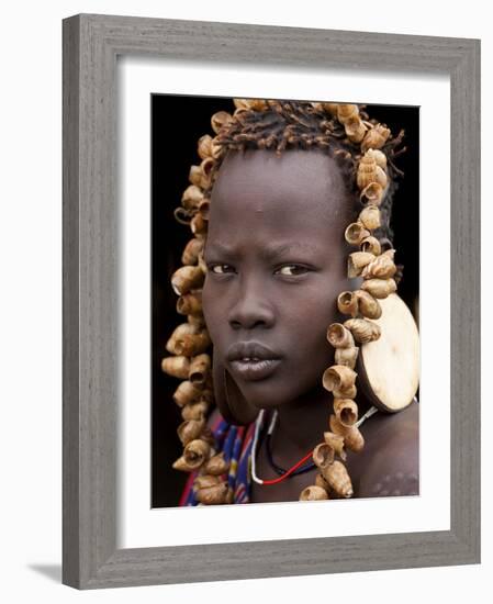 Portrait of Mursi Girl, Omo Valley, Ethiopia-Peter Adams-Framed Photographic Print