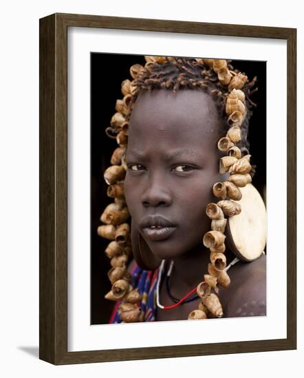 Portrait of Mursi Girl, Omo Valley, Ethiopia-Peter Adams-Framed Photographic Print