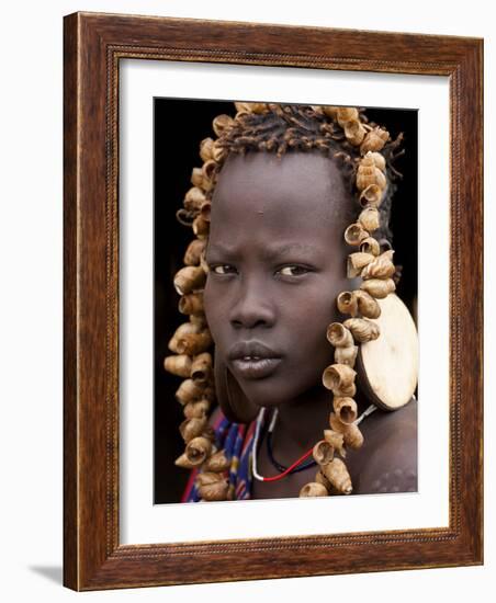 Portrait of Mursi Girl, Omo Valley, Ethiopia-Peter Adams-Framed Photographic Print