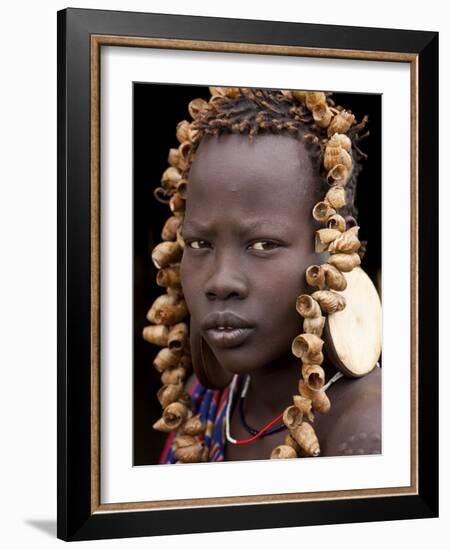 Portrait of Mursi Girl, Omo Valley, Ethiopia-Peter Adams-Framed Photographic Print