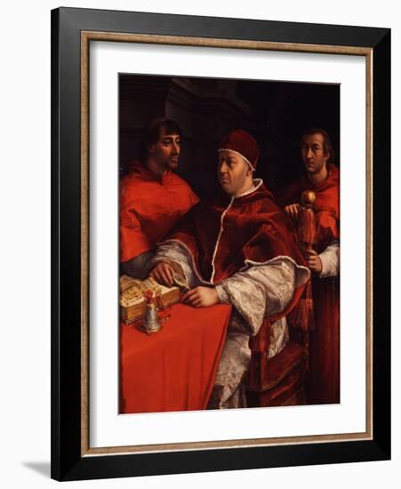 Portrait of Pope Leo X with Cardinals Giulio De' Medici and Luigi De' Rossi, Ca 1518-Raphael-Framed Giclee Print